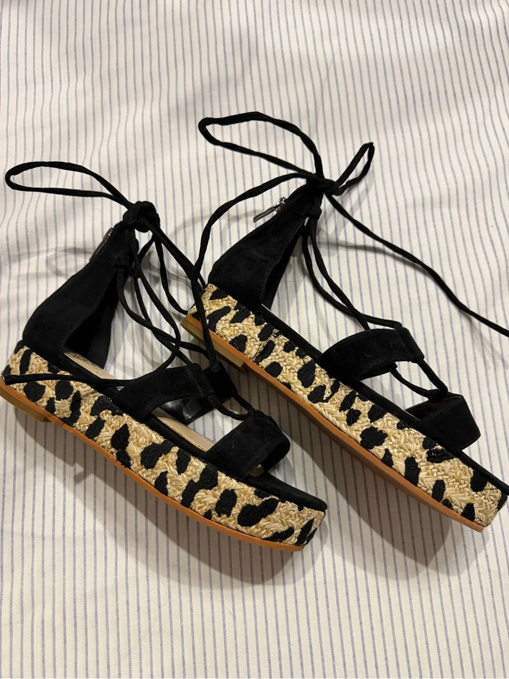 Vince Camuto Black Suede Lace-Up Platform Wedges with Leopard Trim